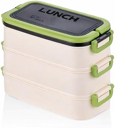 3 Katlı Taşınabilir Yemek Kabı, Lunch Box, Diyet Beslenme Kutusu, Çatal Kaşık Dahil, BPA İçermez 19 x 16,5 x 11,5 cm (Yeşil)