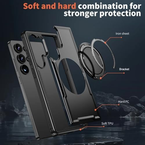Alternative view of [Hyper-Fusion]  Galaxy S26 Ultra için Kılıf 360° Döndürülebilir Yüzük Stantlı Manyetik [MagSafe ile Uyumlu] S26 Ultra Koruyucu Karbon Fiber Detaylı  S26 Ultra Kılıfı (Siyah)