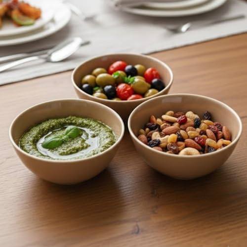 3'lü Karamel Kahve Seramik Kase Seti, Özel Çatlak Dokulu (Crackle) Tasarım Çerezlik ve Sosluk, Modern Kahvaltılık Sunum Kasesi, Derin ve Şık Meze Tabağı Takımı (Bej/Kahve)