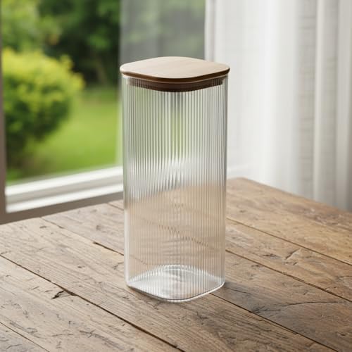 10x25 cm Bambu Kapaklı Kare Cam Saklama Kavanozu - Vakumlu Dev Boy Şeffaf Erzak Kabı Spagetti Makarna Bakliyat Kutusu ve Kiler Düzenleyici Organizatör - Görsel 3
