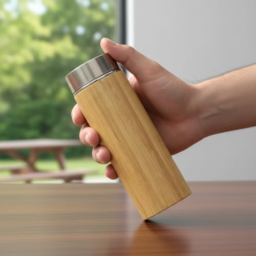 450 ml Bambu Kaplamalı Çelik Termos - Klasik Bardak Kapaklı Sıcak ve Soğuk Tutucu Seyahat Termosu - Görsel 3