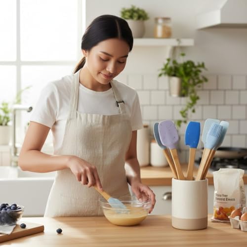 Silikon Kaşık Seti, Bambu Saplı, Mavi ve Mor Renkli, 5 Parça, Spatula ve Fırça Dahil - Görsel 2