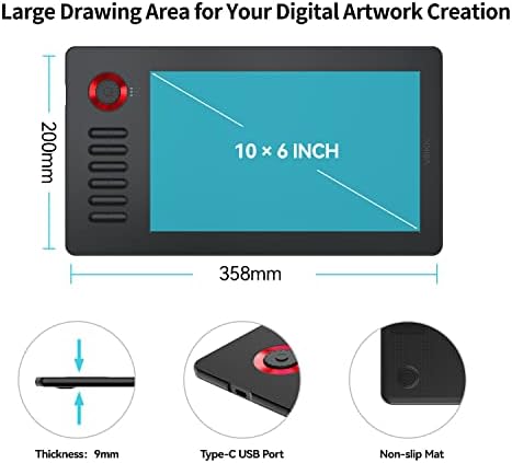 A15 Pro 10x6 İnç Profesyonel Grafik Tablet, 8192 Seviye Pilsiz Kalem, 12 Kısayol Tuşu ve Döner Kontrol Düğmesi, Windows/Mac/Android Uyumlu