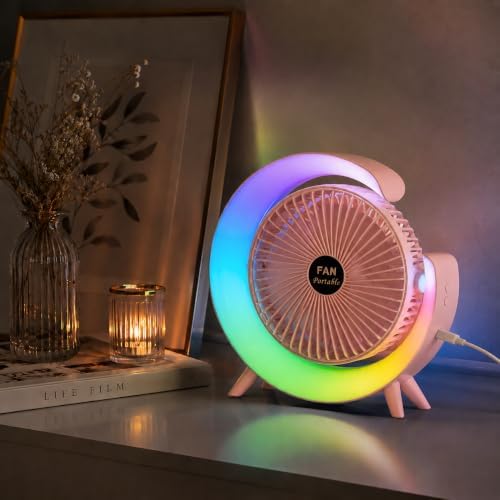USB Masaüstü Vantilatör, 3 Kademeli Hız, Renkli Atmosfer Lambası, Sessiz Çalışma, Ev Ofis ve Yatak Odası İçin Dekoratif Fan