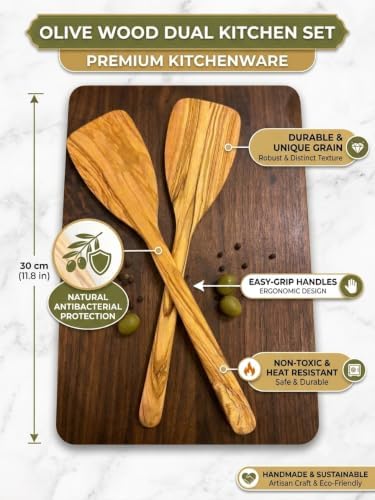 Zeytin Ağacı Spatula 2'li Set – İnce ve Hafif – Omlet, Krep, Krep ve Hafif Tavada Kızartmak için Mükemmel – Yapışmaz Tavalar için Güvenli - Görsel 3