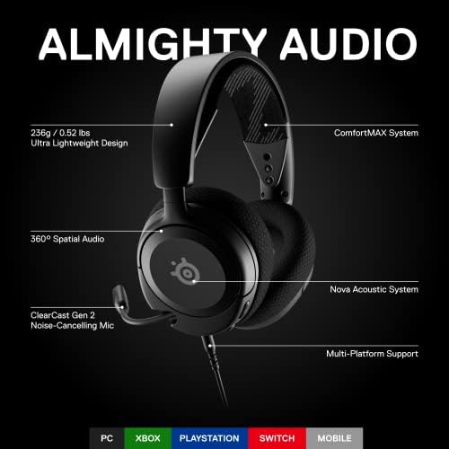 SteelSeries Arctis Nova 1 – Multi-Platform Gaming Kulaklık – Hi-Fi Sürücü – 360° Surround Ses – AirWeave Memory Foam Kulak Yastıkları – Gürültü Önleyici Mikrofon, PC, PS5, Switch, Xbox – Siyah