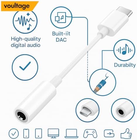 USB-C To 3.5mm Jak Kulaklık Adaptörü - Dijital Dönüştürücü - Tüm Cihazlarla Uyumlu - Beyaz - Kompakt Tasarım - Yüksek Kaliteli Ses - Taşınabilir