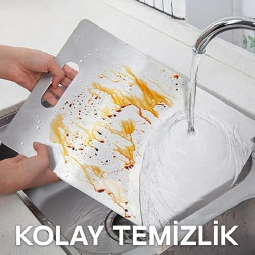 Çelik Kesme Tahtası 2'li Set 304 Paslanmaz Çelik Gıda Temasına Uygun Hijyenik ve Dayanıklı Antibakteriyel 1,6 mm Kesim Panosu Levhası Cam Kesme Tahtası KALİTELİ - Görsel 2