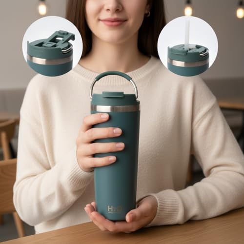 660 ml Pipetli Paslanmaz Çelik Termos Kupa - 4 Renk Seçeneği (Krem, Yeşil, Siyah, Mavi) - Büyük Boy (Venti) Sıcak ve Soğuk Tutan Mug (YEŞİL)