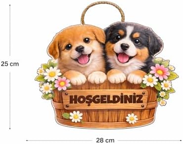 28-25 cm Hoş geldin Köpek Çiçek Dekorlu Ahşap Kapı Süsü, Kapı Bahçe Önü Süsü