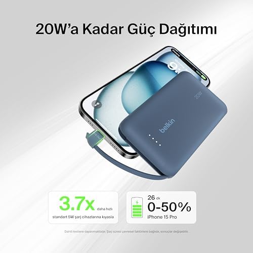 Power Bank, Entegre Kablolu Taşınabilir Şarj Cihazı 10K PD 20W - USB-C Güç Dağıtımı, iPhone Power Bank iPhone 16 Serisi, iPad Pro, Galaxy S24 ve Daha Fazlası için Hızlı Şarj - Görsel 3