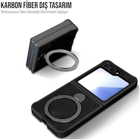 Alternative view of Karbon Fiber Materyal Stand Özellikli Lens Çerçeveli ve Sararmayan Güçlü Darbe Emici Premium Kılıf (Siyah, Galaxy Z Flip 5)