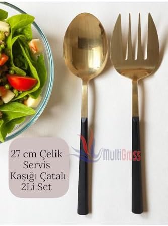 Büyük Boy Çelik Servis Kaşığı Servis Çatalı 27 cm 2Li Set, Altın