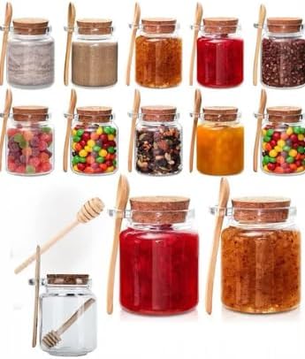 Cam Kavanoz Seti, 350 ml, Mantar Kapaklı, Ahşap Bal Kaşığı ile, Mutfak Saklama Kabı (2)