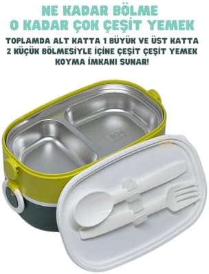 1300ml Lunchbox 2 Katlı 3 Bölmeli Paslanmaz Çelik Sefer Tası Yemek Kutusu (Koyu Yeşil-Fıstık Yeşili) - Görsel 3