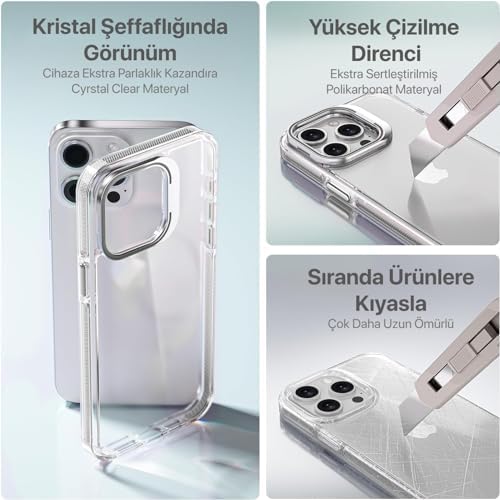 iphone 15 Pro Max için Hybrid Performance Serisi Ultra Şeffaf Sert Polikarbonat Arka Kısım Orta Sertlikte Silikon Kenarlar ve Stand Olabilen Lens Çerçeveli Kılıf (Natural Titanyum, 15 Pro Max)