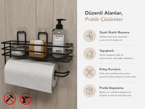 Alper Banyo Yapışkanlı Siyah Raflı Solo Havlu Askısı, Delmeden Montaj Banyo ve Mutfak Duvar Tipi Havluluk Organizer - Görsel 3