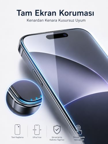 Kırılmaz Cam Ekran Koruyucu, iPhone 16 Pro Max ile Uyumlu, 9H Sertlik, Temperli Cam, Şeffaf, Parlak Yüzey - Görsel 2