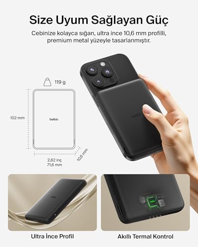 Manyetik Power Bank 5000 mAh, Manyetik Halka ve USB-C Porta Sahip İnce Taşınabilir Şarj, iPhone, Galaxy, Pixelsnap, iPad ve Tablet için Batarya Paketi, USB-C Kablo Dahil, Siyah - Görsel 3