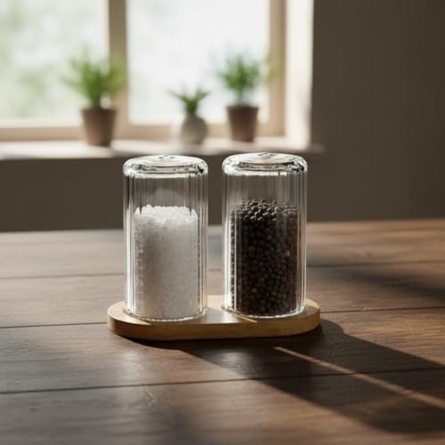 Alternative view of Bambu Standlı 2'li Borosilikat Cam Tuzluk ve Biberlik Seti - Dikey Rölyefli Dekoratif Masaüstü Baharatlık Takımı