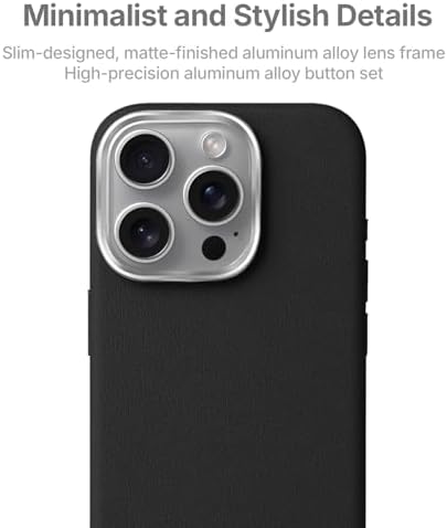 iPhone 17 için MagSafe ile Uyumlu Çizilmeyen ve Parmak İzi Tutmayan Deri Görünümlü Metal Tuşlu ve Metal Lens Çerçeveli Hybrid Silikon Kılıf (Siyah, 17) - Görsel 3