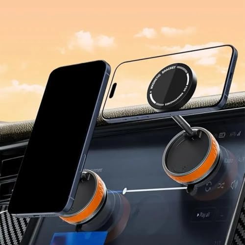 Manyetik Araç Telefon Tutucu 360° Döner Başlık – Mekanik Vakumlu Güçlü Sabitleme, Silikon Kaymaz Tutuş, Manyetik Halka ile Uyumlu, Tüm iPhone Serisi ile Uyumlu, Araç İçi Telefon Stand, Turuncu - Görsel 3