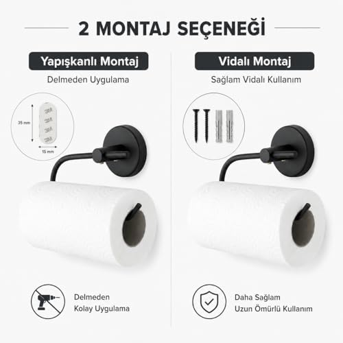 Lotus Siyah Kağıt Havluluk, Yapışkanlı ve Vidalı Montajlı Rulo Havlu Askısı, Mat Siyah Statik Boyama, 35 mm Oval Bantlı Mutfak ve Banyo Kağıt Havlu Tutucu