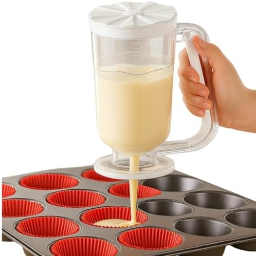 Beyaz Hamur Porsiyonlayıcı – Kek, Krep, Muffin ve Pancake Hamuru Dağıtıcı, Ölçekli Karıştırma Kabı 900 ml