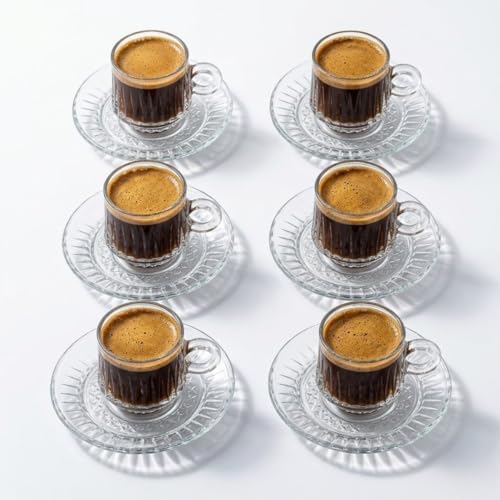 6’lı Cam Kahve Fincanı Seti Şeffaf Çizgili Tasarım Tabaklı Espresso Türk Kahvesi Sunum Fincan Takımı 6 cm - Görsel 3