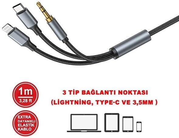 3in1 Type-C, Lightning ile Uyumlu to 3.5mm Örgülü Aux Kablosu 1m MT2811 (Tak Çalıştır) - Görsel 3