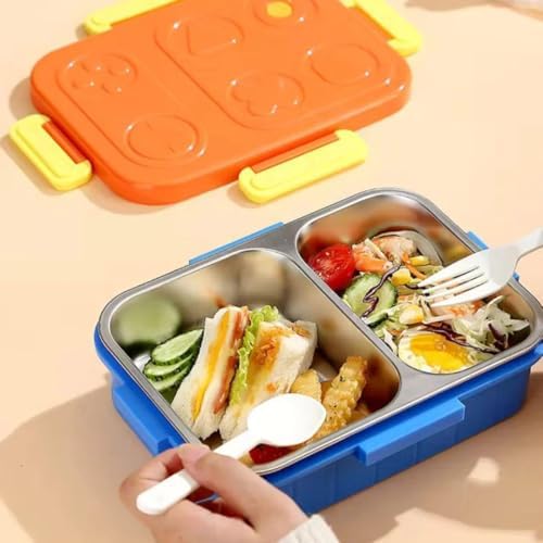 Beslenme Kutusu Paslanmaz Çelik - 880 ml 2 Bölmeli Renkli Desenli Çocuk Beslenme Kabı (Mavi) - Görsel 3