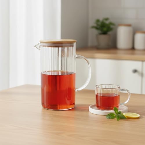 1000 ML Bambu Kapaklı Borosilikat Cam Yağlık ve Sürahi - Isıya Dayanıklı Çizgili (Line) Desenli Modern Meşrubat ve Su Karafı (9x17 cm)