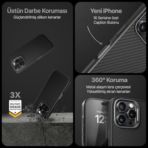 iPhone 16 Pro Max için Fiber Karbon Materyal Arka Bölüm Metal Lens Çerçeveli ve Metal Tuşlu Sararmayan ve Çizilmeyen Güçlü Darbe Emici Premium Silikon Kılıf (Çöl Titanyum, 16 Pro Max) - Görsel 2