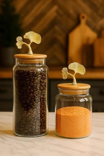 2’Li Altın Metal Ginkgo Figürlü Bambu Kapaklı Cam Kavanoz – Saklama Kabı 1400Ml + 890 Ml - Görsel 3