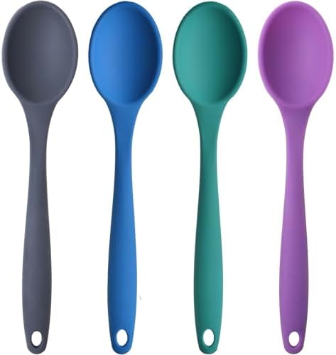 Silikon Büyük Boy Kaşık Seti, Yanmaz Yapışmaz, Çok Renkli - Antrasit, Mavi, Yeşil, Mor - 27 CM, 4 Adet Set, BPA Free - Görsel 3