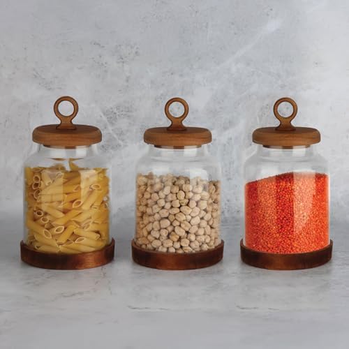 3'lü Ring Serisi Akasya Kapaklı ve Tabanlı Borosilikat Cam Kavanoz Seti - 1100 ml Vakumlu Bakliyat ve Kurabiye Saklama Kabı (20x11.5 cm) - Görsel 3