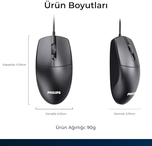 SPK7247 USB Kablolu Optik Mouse - 1.8 Metre Ekstra Uzun Kablo, 1200 DPI Hassasiyet, Ergonomik Ofis ve Ev Tasarımı, Tak-Çalıştır, Siyah - Görsel 3