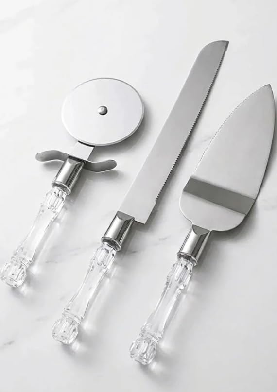 3lü Görünümlü Saplı Çelik Servis Seti Pizza Kesici Kek Bıçağı Pasta Spatulası - Görsel 3