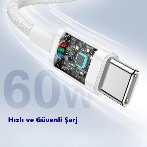 Alternative view of Type C-C Hızlı Şarj Kablosu, 2Metre, ÖRGÜLÜ KABLO VE GÜÇLENDİRİLMİŞ BOYUN, 60Watt PD Hızlı Şarj, iPhone 15/16/17 ve Andoid İçin (1Ad x 2Metre Beyaz)