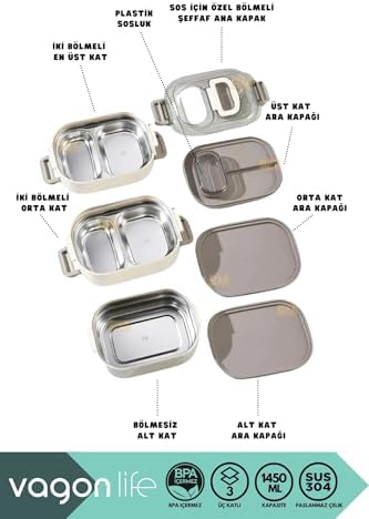 Alternative view of 1450ml Lunchbox Üç Katlı 5 Bölmeli ve Mini Sosluklu Çelik Sefer Tası Yemek Kutusu (Lacivert)