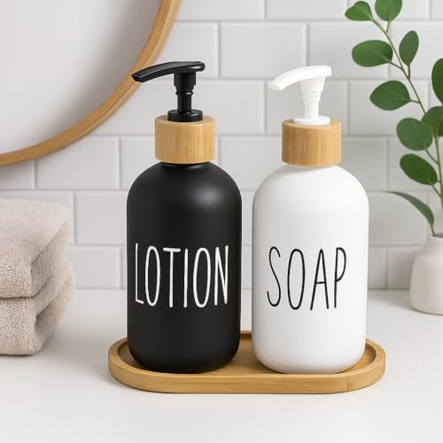 2’li Cam Sıvı Sabunluk ve Losyonluk Seti | 500 ml Siyah & Beyaz Boyalı Cam | Bambu Kapak ve Ahşap Altlıklı Banyo Seti | Şık ve Dayanıklı Tasarım