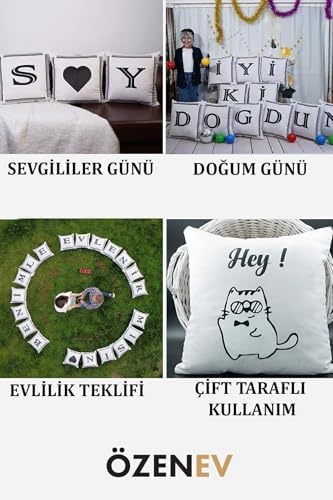 Harfli Kırlent Kılıfı Kadife 43X43 Cm Çift Taraflı F Harfi Kedi Desenli Evlilik Teklifi Doğum Günü