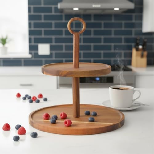 Doğal Akasya Ağacından Ahşap 2 Katlı Kurabiyelik ve Servis Tabağı | Sunum Standı | Çap: 18 cm, Yükseklik: 25 cm | Doğal ve Şık - Görsel 3