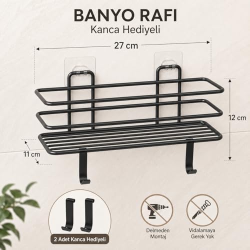 Siyah Yapışkanlı Banyo Rafı, 2 Kancalı Duvar Tipi Banyo Organizer, Şampuanlık ve Aksesuar Rafı, Delmeden Kolay Kurulumlu Metal Banyo Düzenleyici