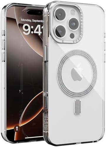 iPhone 15 ile Uyumlu Şeffaf Taşlı Mag-Safe Kılıf – Sert Mika Sararmaz Kılıf, N52 Güçlü Mıknatıs, Bağımsız Tuşlar, Lüks Kristal Tasarım (Siyah Şeffaf, iPhone 15) - Görsel 2