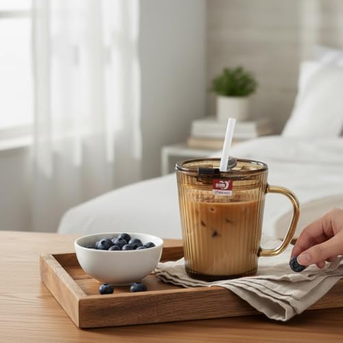 2 Adet Kapaklı Pipetli Cam Kupa Bardak Çay Kahve Meşrubat Tatlı Bardağı Kahverengi 370 ml - Görsel 2