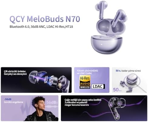 QCY MeloBuds N70 Bluetooth Kulaklık, Hi-Res Audio, LDAC, 50dB Hibrit ANC, Kablosuz Şarj, 50 Saat Pil Ömrü, 6 Mikrofon, Kulakiçi, Mor - Görsel 3