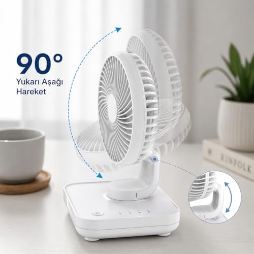 YK Şarjlı Masaüstü Vantilatör USB Type-C – 4 Kademeli Hız, Sessiz Çalışma, Taşınabilir Mini Fan, Uzun Batarya, 90° Ayarlanabilir Başlık, Ofis Ev Kullanım Fan Vantilatör - Görsel 3