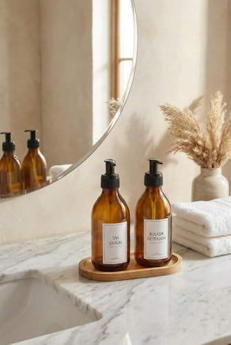 Alternative view of 2’li Cam Sabunluk Seti – Bambu Altlıklı Şık Standlı Sıvı Sabunluk | Mutfak ve Banyo İçin Modern Cam Dispenser