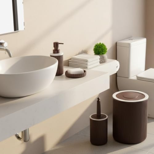 5’li Mürdüm Rengi Banyo Seti – Çöp Kovası, Sıvı Sabunluk, Diş Fırçalık, Sabunluk ve WC Fırçası – Modern Çizgili Şık Tasarım